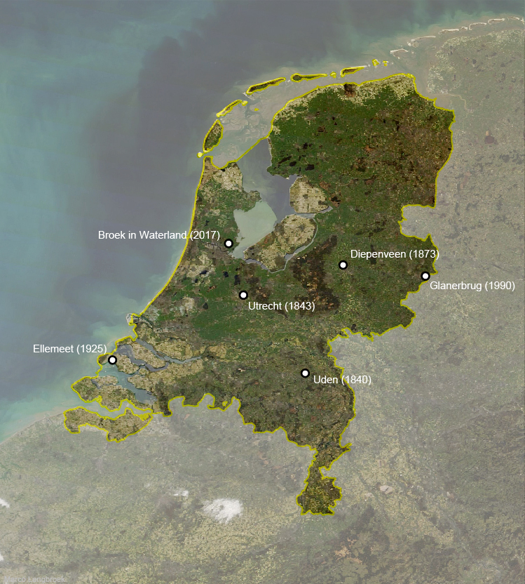 The landing sites and discovery dates of the six known Dutch meteorites falls over history. Credit: M. Langbroek.