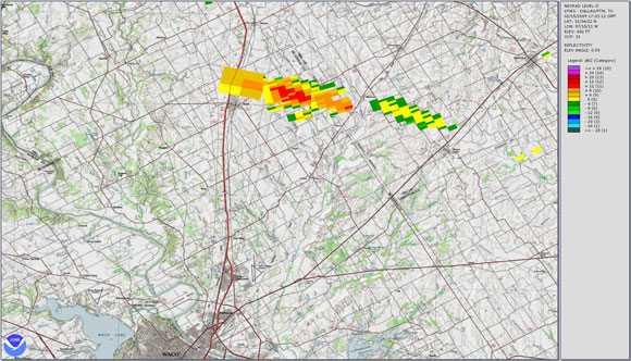 Mapa radarovej ozveny z pdu bolidu Ash Creek vytvoren Rob D. Matsonon