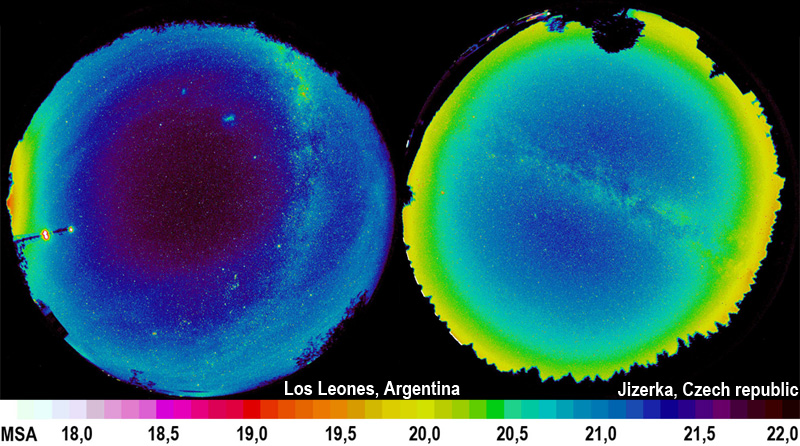 A comparison of the brightness of the night sky in the truly dark Argentinean pampas and in Jizerka, Czech Republic